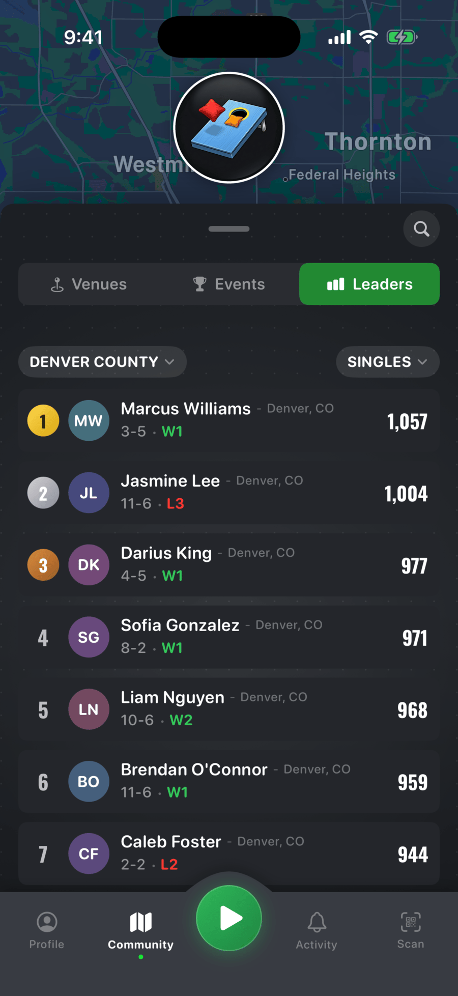 Scorebox county leaderboard — ranked players with ratings and streaks