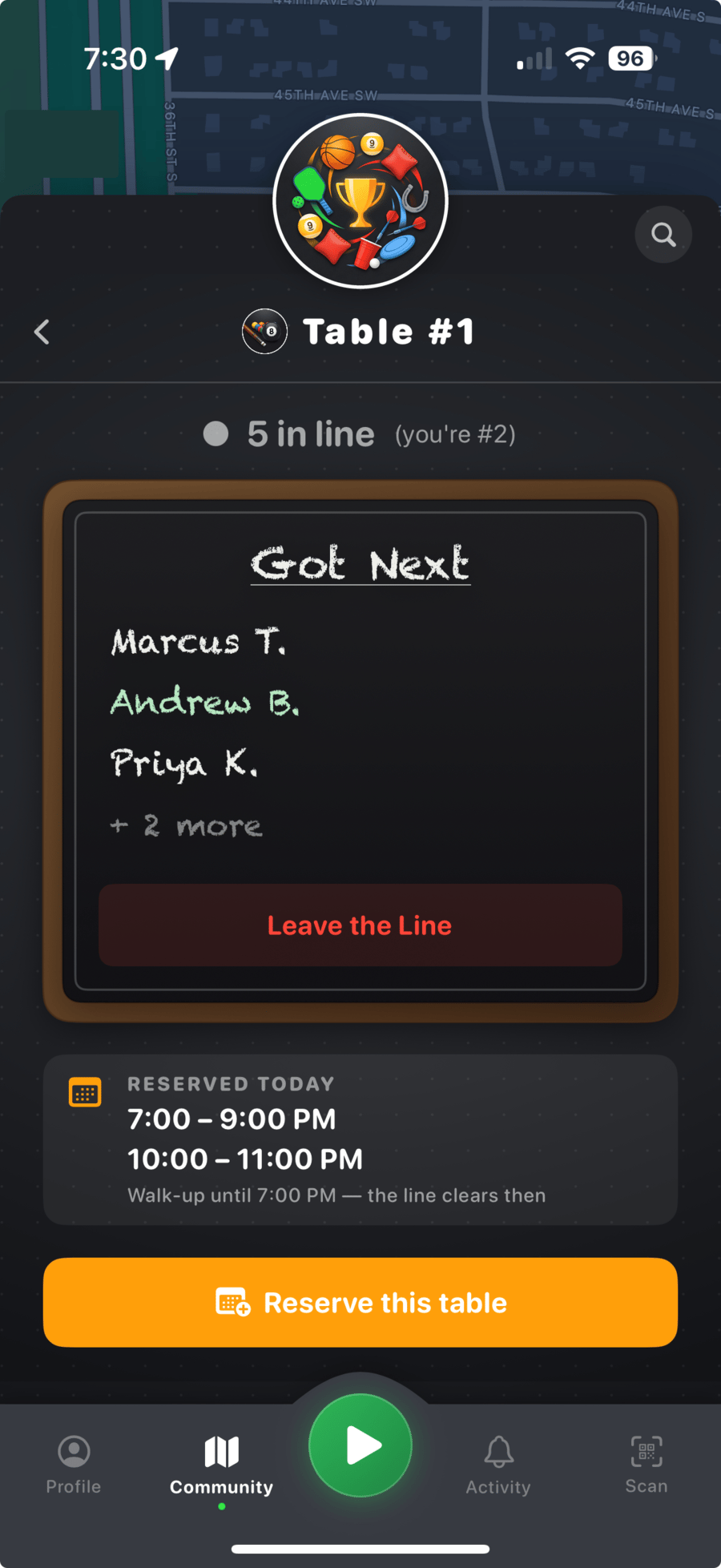 Scorebox station screen — a live waitlist and the day's reservations